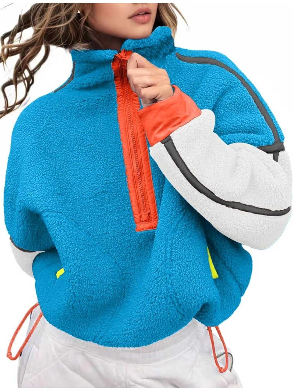 Women’s Blue White Fleece Half ZIP Cropped Pullover Pocket Oversized Sweatshirt
